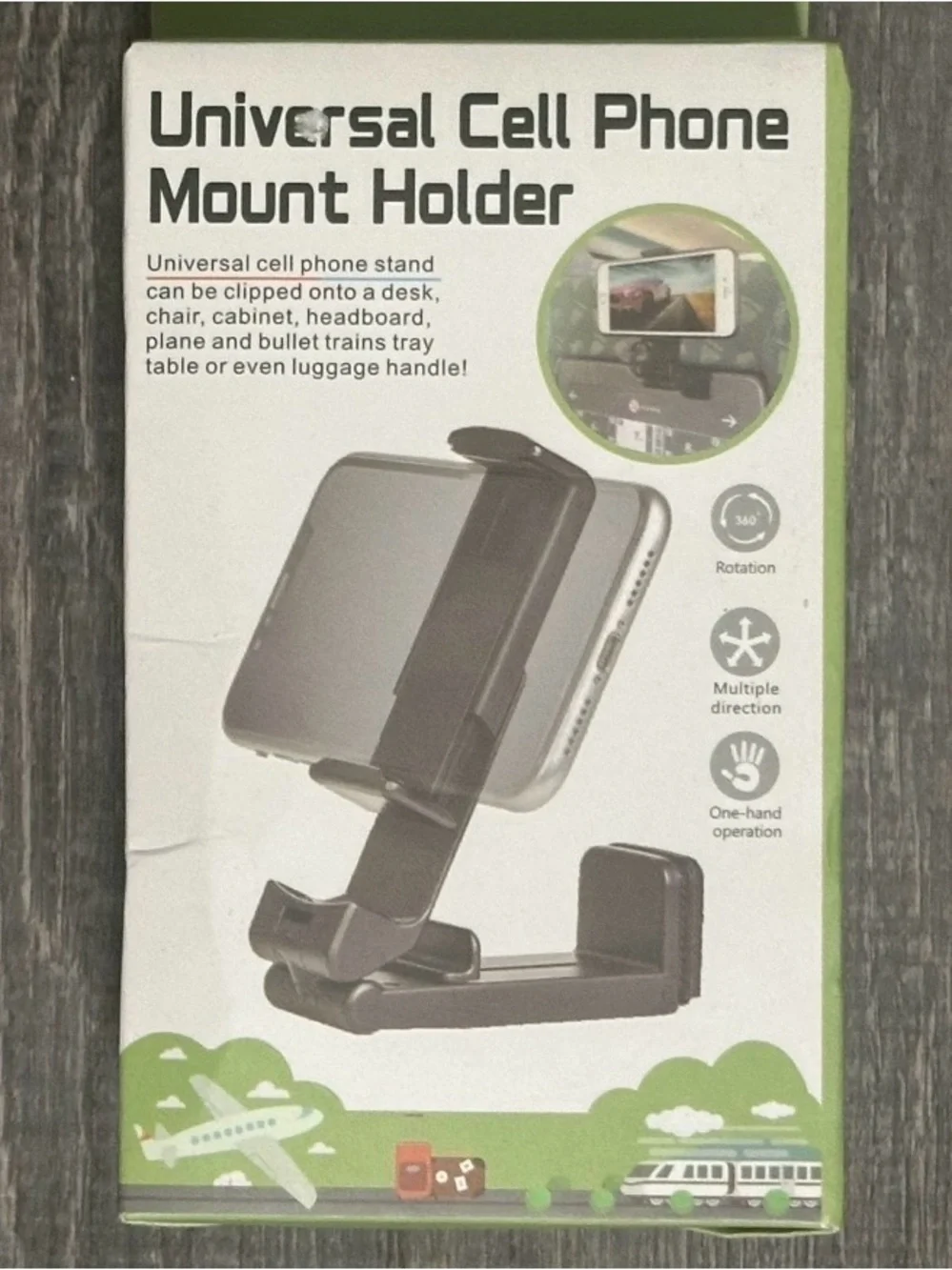 New Black 360° Rotating Clip On Phone Mount Holder for Cars or Airplanes